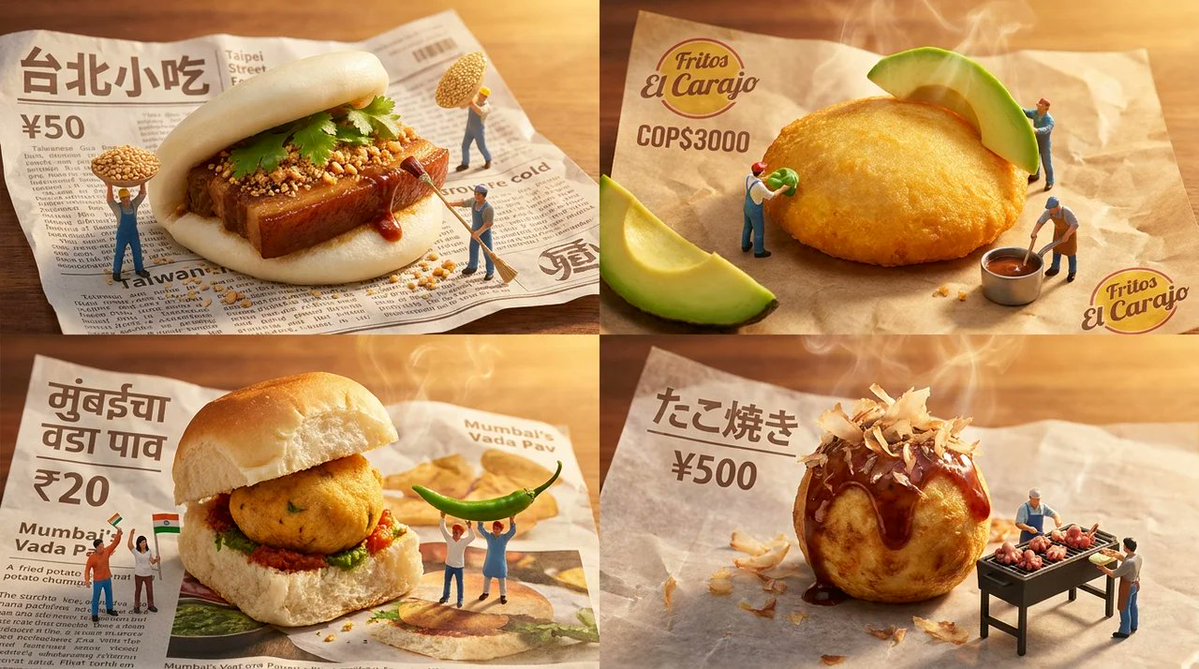 2x2 网格, 16:9, 为 4 种被低估的街头小吃各做一张 : { "Aesthetic": "微缩食物立体模型, 文化字体排版", "Su...