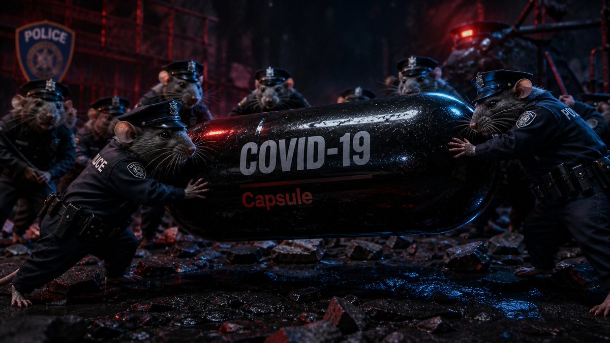 穿着警察制服的老鼠与一个充满covid19的邪恶巨型胶囊战斗 1. Fashion: 创作高时尚编辑风格的穿着定制警察制服的老鼠与巨大的光泽黑色...