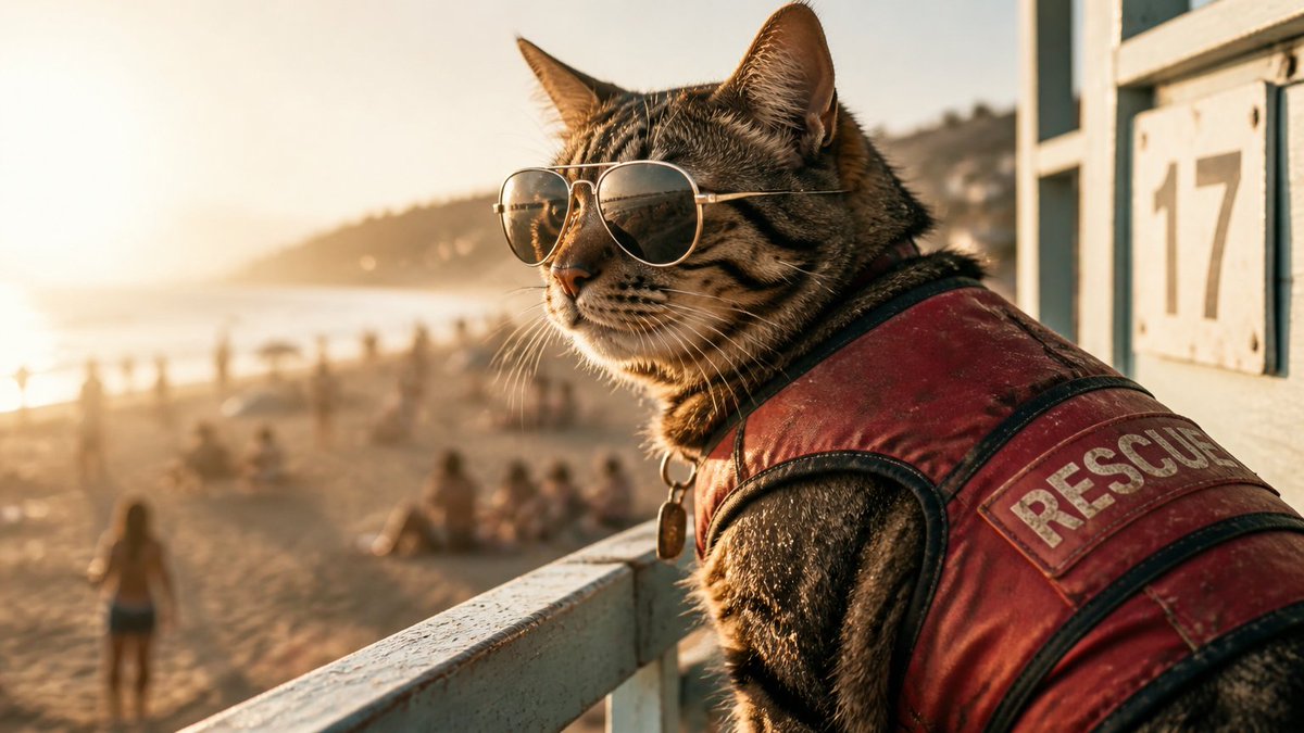 猫当海滩救生员 1. 写实摄影：写实摄影风格的猫海滩救生员，85mm f/1.4 镜头拍摄，浅景深，黄金时段逆光。这只虎斑猫穿着一件褪色的红色救...