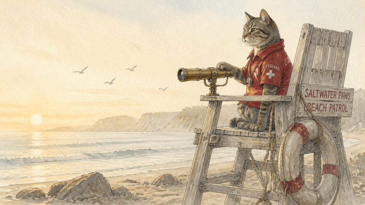 猫当海滩救生员 1. 写实摄影：写实摄影风格的猫海滩救生员，85mm f/1.4 镜头拍摄，浅景深，黄金时段逆光。这只虎斑猫穿着一件褪色的红色救生衣，毛发在盐雾中闪闪发光，栖息在一座风化的救生...