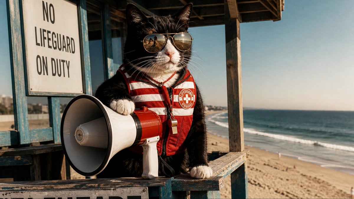 猫当海滩救生员 1. 写实摄影：写实摄影风格的猫海滩救生员，85mm f/1.4 镜头拍摄，浅景深，黄金时段逆光。这只虎斑猫穿着一件褪色的红色救生衣，毛发在盐雾中闪闪发光，栖息在一座风化的救生...