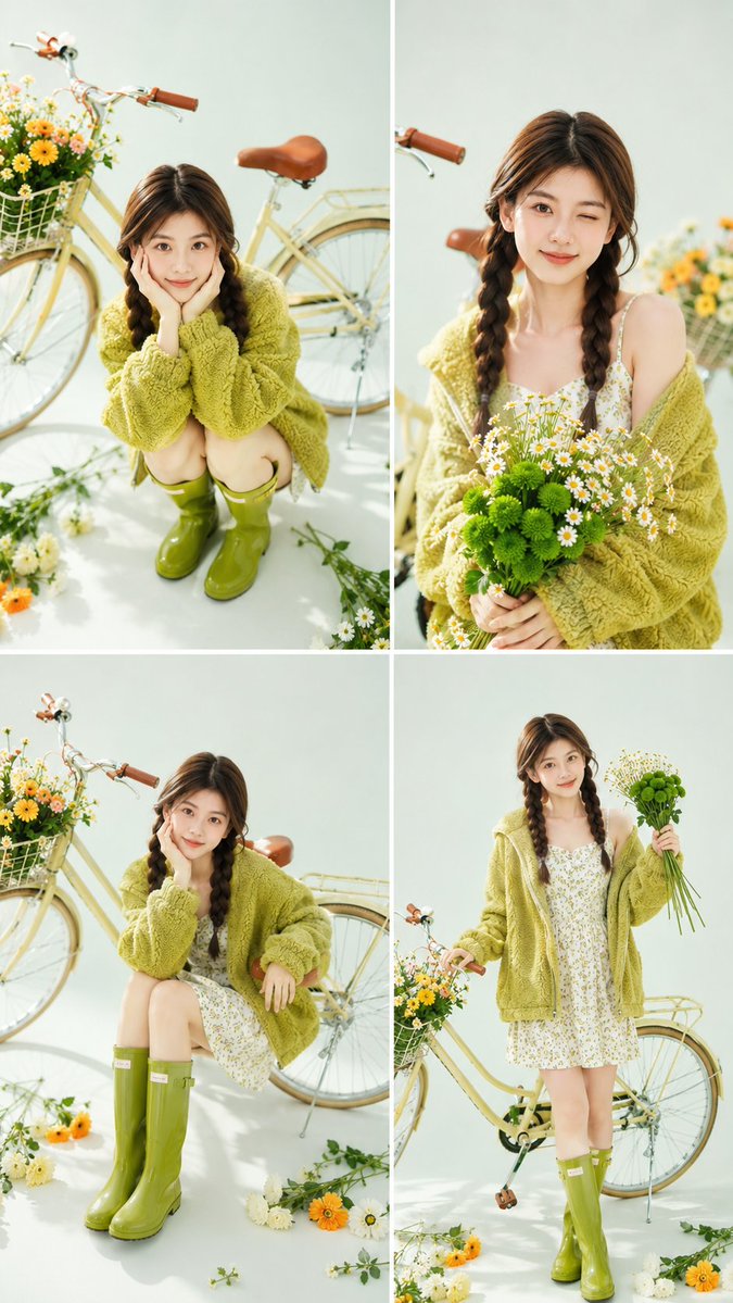 🌼 春日人像,由 GPT Image 生成。只需上传一张人像——模型会保留你的身份特征,并将其转化为一套完整的四张春日编辑大片,包含自然姿势、造...