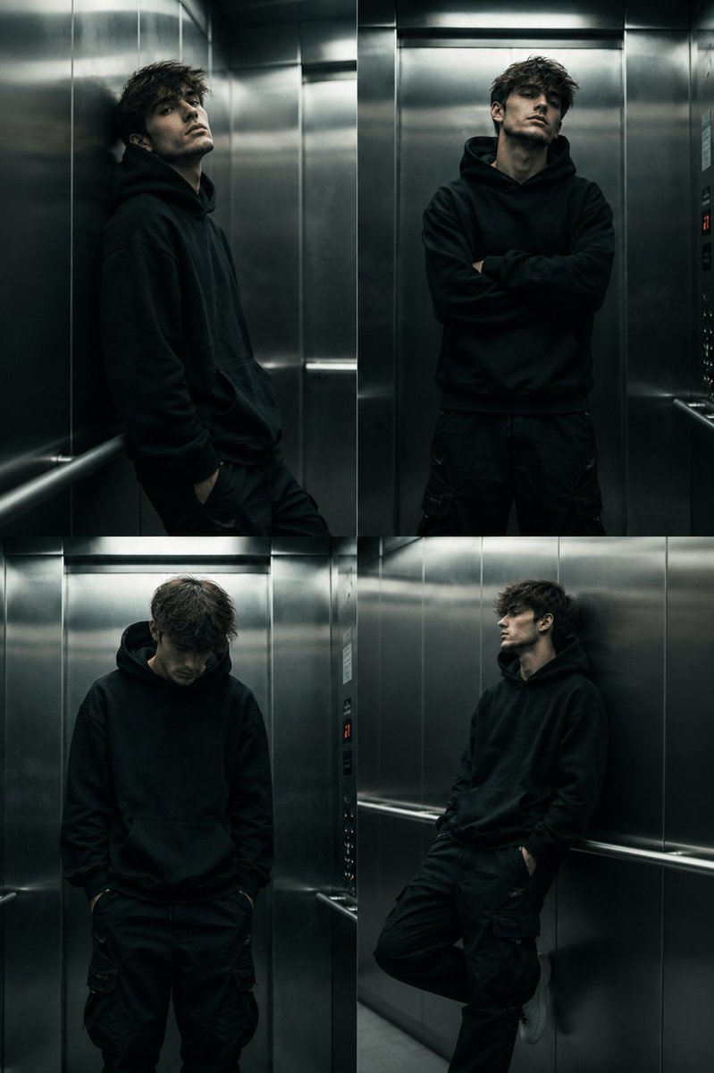 创作一幅电影感的都市写实风格人像：一个年轻男子站立在无菌不锈钢电梯内。他有着蓬乱、凌乱的深棕色头发，真实的皮肤质感，眼下有细微阴影，淡淡的胡茬，...