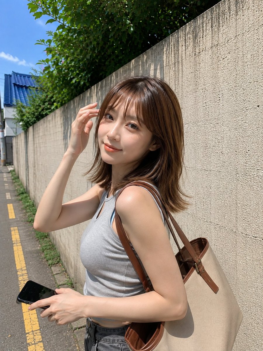 超写实的抓拍户外智能手机摄影照片：一位年轻的东亚女性站在一座质感粗糙的浅灰色混凝土墙旁，拍摄于阳光明媚的白天。她有着齐肩的直发，淡棕色发色，带有...