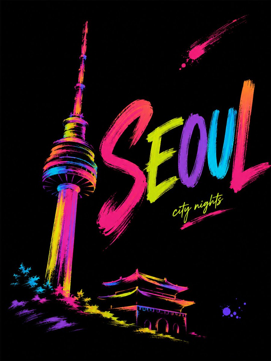 城市 = [CITY NAME] 在纯黑背景上，为 [CITY] 创作一张竖版 3:4 的极简荧光笔刷艺术旅行海报。 首先识别该城市最具标志性且一眼可辨的视觉符号，然后选择： 一个主要地标——...