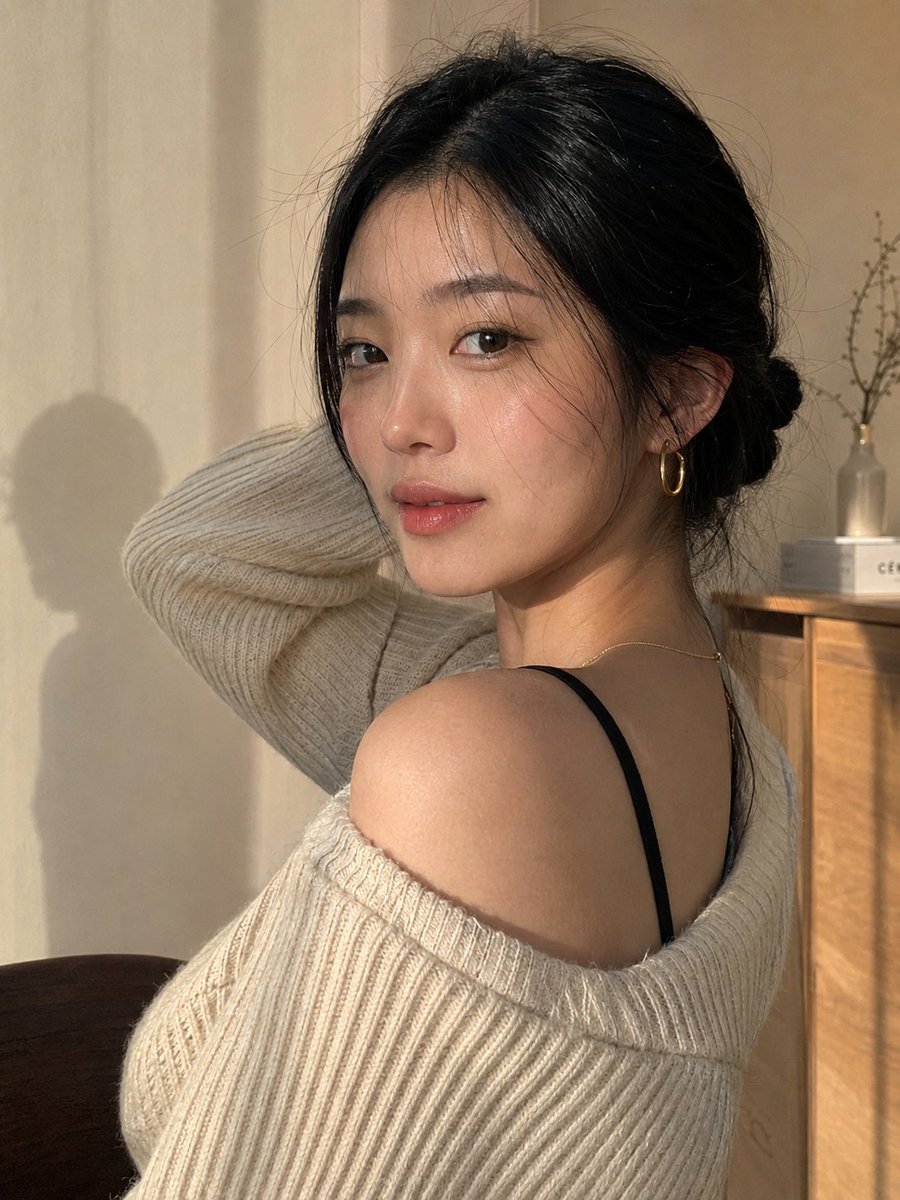创作一张极致逼真、令人无法划走的肖像：一位美丽的年轻东亚女性身处温馨极简的室内，在自然转头看向镜头的转瞬之间被定格。 她的肌肤明润却完全真实——...