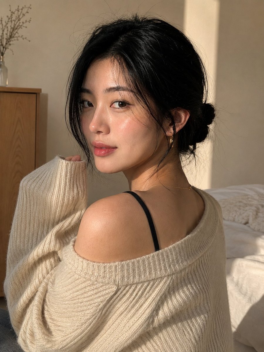 创作一张极致逼真、令人无法划走的肖像：一位美丽的年轻东亚女性身处温馨极简的室内，在自然转头看向镜头的转瞬之间被定格。 她的肌肤明润却完全真实——毛孔可见、肤色过渡微妙、有着细小的自然瑕疵与真实...