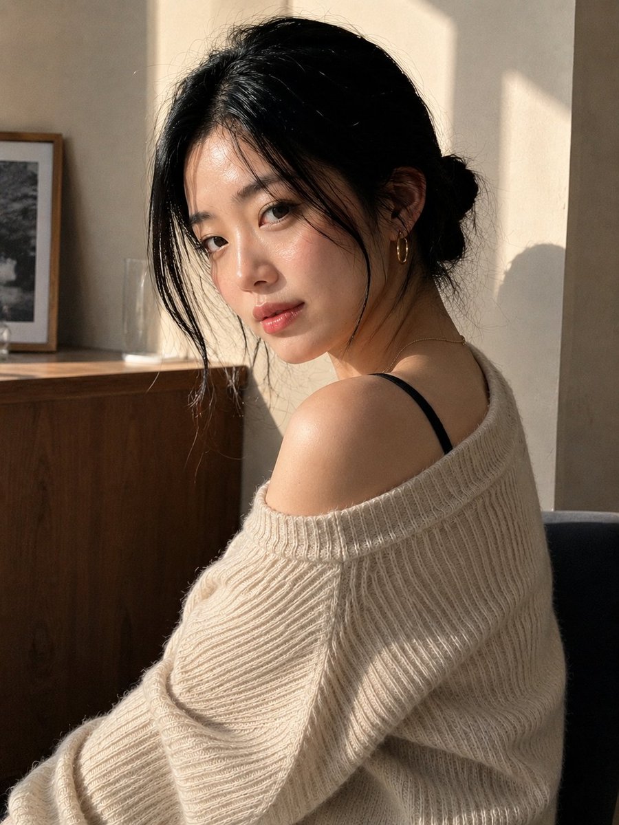 创作一张极致逼真、令人无法划走的肖像：一位美丽的年轻东亚女性身处温馨极简的室内，在自然转头看向镜头的转瞬之间被定格。 她的肌肤明润却完全真实——毛孔可见、肤色过渡微妙、有着细小的自然瑕疵与真实...