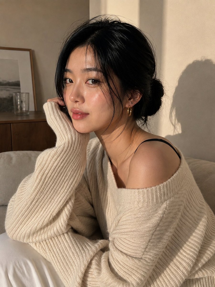 创作一张极致逼真、令人无法划走的肖像：一位美丽的年轻东亚女性身处温馨极简的室内，在自然转头看向镜头的转瞬之间被定格。 她的肌肤明润却完全真实——毛孔可见、肤色过渡微妙、有着细小的自然瑕疵与真实...