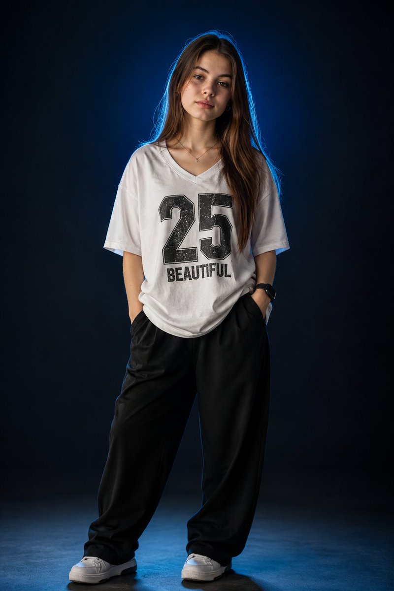 一张照片级写实风格的时尚人像照：一位年轻女性自信地站立在摄影棚中，身着一件宽松的白色V领T恤，胸前印有粗体做旧风格的“25 BEAUTIFUL”...