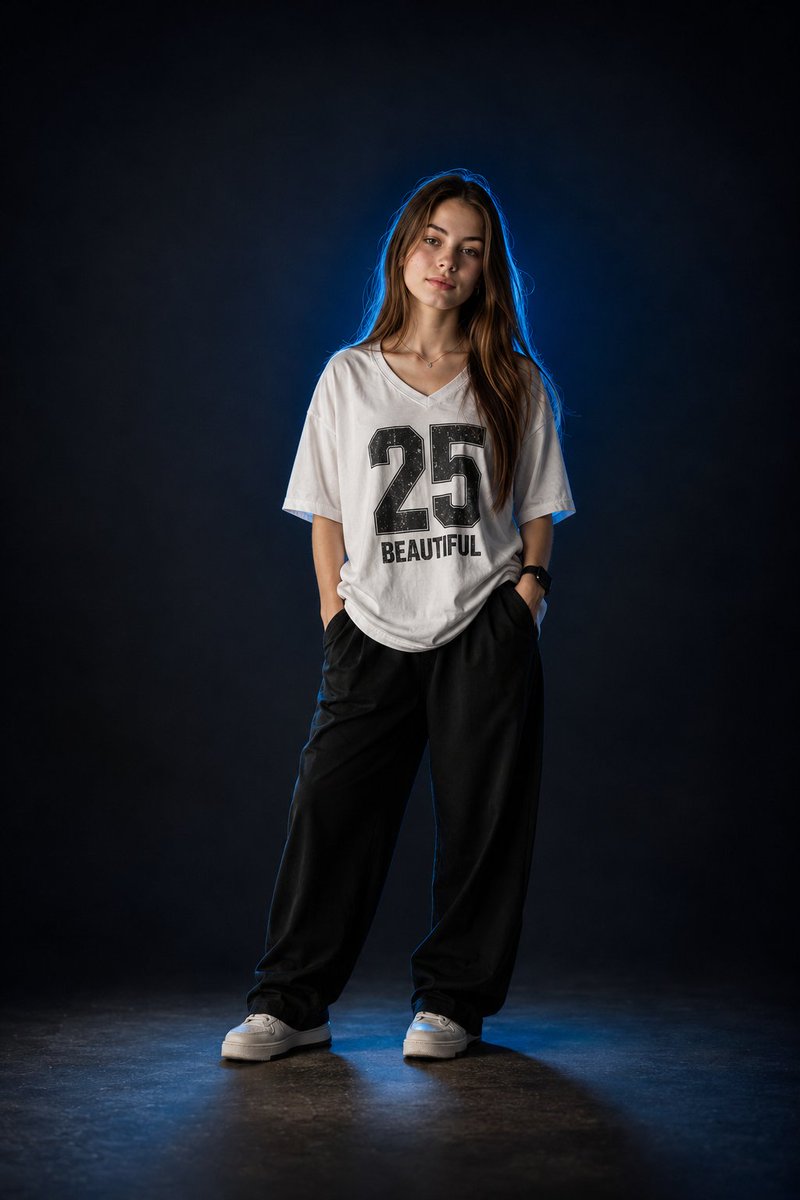一张照片级写实风格的时尚人像照：一位年轻女性自信地站立在摄影棚中，身着一件宽松的白色V领T恤，胸前印有粗体做旧风格的“25 BEAUTIFUL”图案，下身搭配宽松的黑色长裤。她留着长长的直发，...