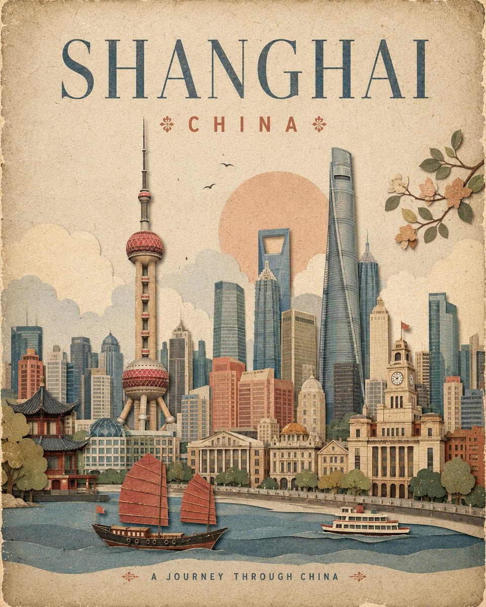 为[城市]、[国家]创作一幅高端的4:5竖版复古旅行海报，设计风格为优雅的手工纸张拼贴画。 使用温暖的做旧象牙白纸张背景，带有细微纤维、柔和颗粒感、略显不规则的印刷边缘，以及分层叠加的剪纸形状...