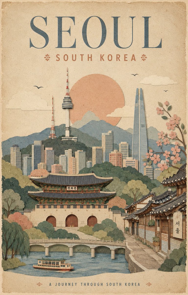 为[城市]、[国家]创作一幅高端的4:5竖版复古旅行海报，设计风格为优雅的手工纸张拼贴画。 使用温暖的做旧象牙白纸张背景，带有细微纤维、柔和颗粒感、略显不规则的印刷边缘，以及分层叠加的剪纸形状...