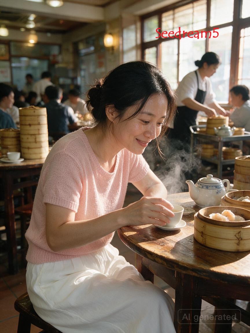 3:4，手机后置摄像头 26mm 广角镜头拍摄的真实抓拍日常生活照片。 主体：35岁的中国成年女性，自然随性的发型，柔软的浅粉色短袖针织上衣，针织纹理清晰，宽松的白色阔腿裤，温柔地微笑看着茶杯...