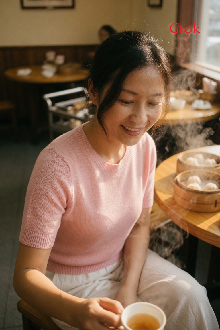 3:4，手机后置摄像头 26mm 广角镜头拍摄的真实抓拍日常生活照片。 主体：35岁的中国成年女性，自然随性的发型，柔软的浅粉色短袖针织上衣，针织纹理清晰，宽松的白色阔腿裤，温柔地微笑看着茶杯...
