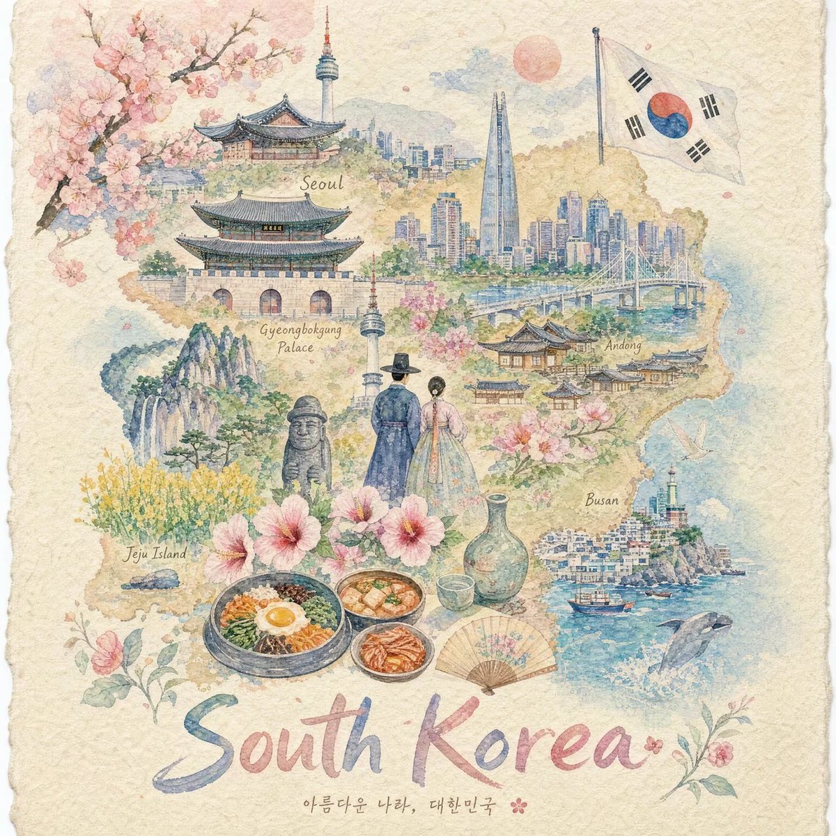 创作一幅美观的竖版 4:5 粉彩纸张画，将 [COUNTRY] 描绘成一座完整的手绘微缩世界，绘制在带有纹理的 handmade paper 上。使用细腻的粉彩水粉、柔和的水彩和彩铅质感，画面...