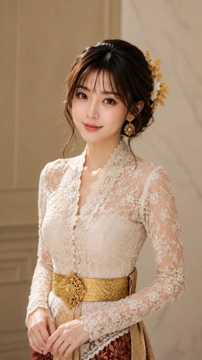 一张高度细致、超写实的半身肖像照，画面中是一位美丽的年轻东亚女性，她面带柔和优雅的微笑，目光直视镜头。她身穿一件精致的奶白色蕾丝长袖衬衫，V领处...