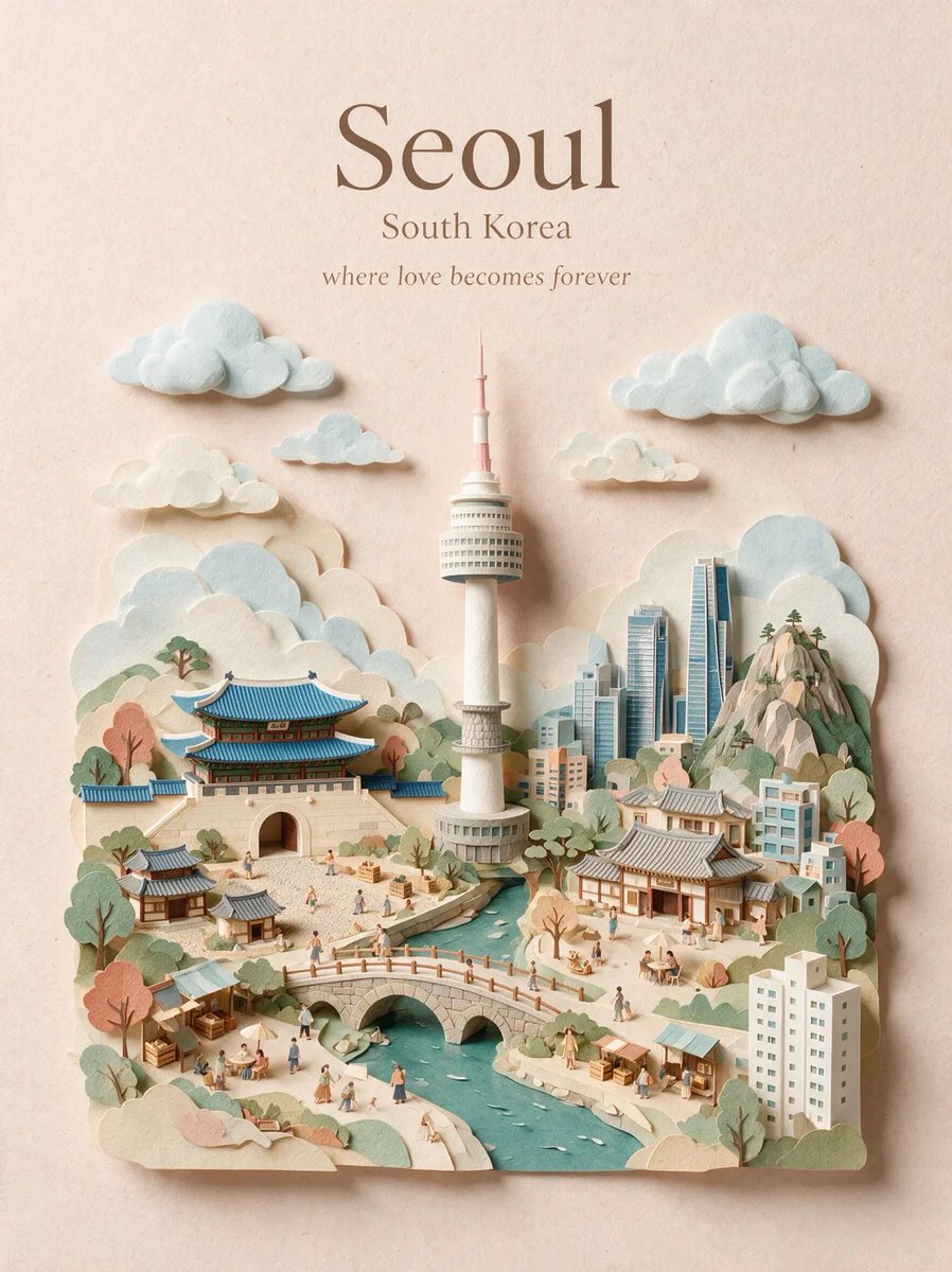 创建一张高端竖版 4:5 旅行海报，主题为 [CITY]、[COUNTRY]，整体设计为手工制作的分层 3D 剪纸微缩世界。 使用柔和的粉彩纸质...