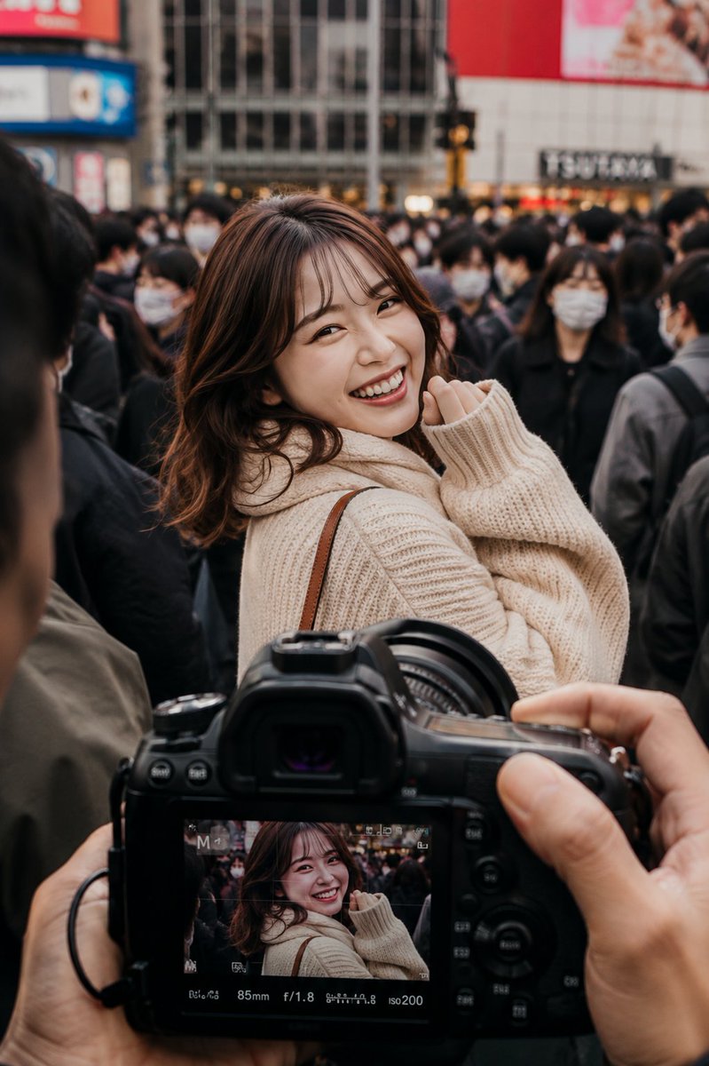 超写实电影感街头摄影，东京密集繁忙人群中，一位开朗的年轻日本女性在人群中央灿烂大笑。她是画面中清晰锐利的主角，表情自然愉悦，棕色波浪卷发略带凌乱...
