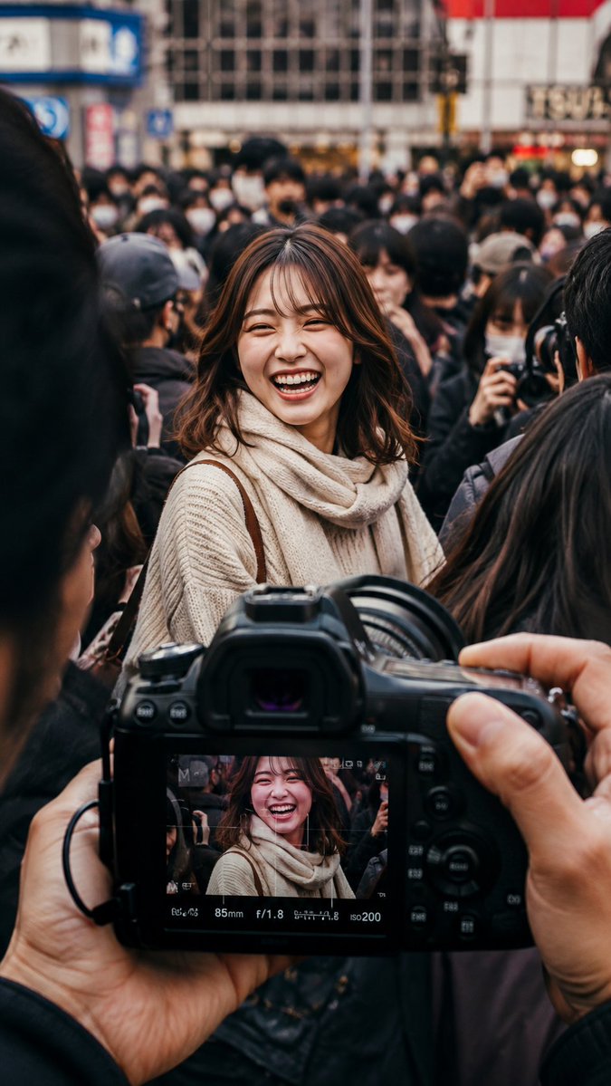 超写实电影感街头摄影，东京密集繁忙人群中，一位开朗的年轻日本女性在人群中央灿烂大笑。她是画面中清晰锐利的主角，表情自然愉悦，棕色波浪卷发略带凌乱，身穿柔软的米色针织毛衣并搭配一条温暖的围巾。...