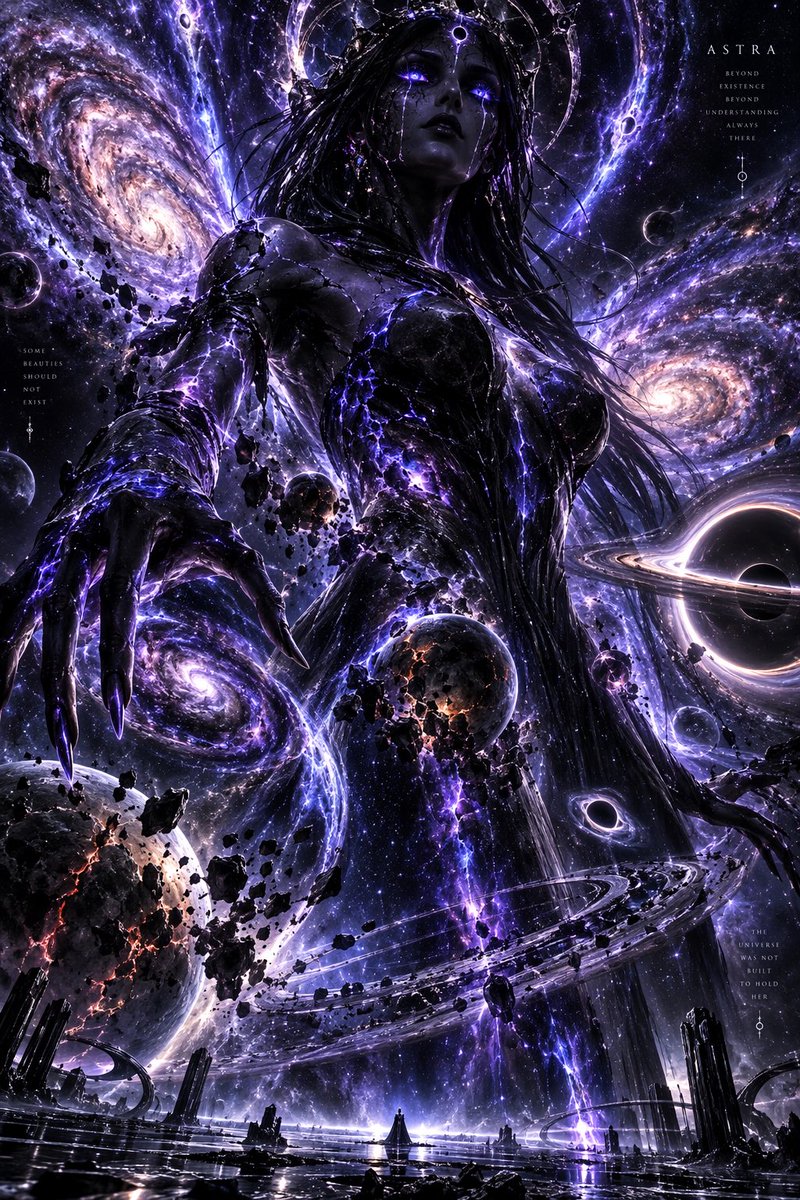 Astra，一个从太空最深处虚空诞生的、强大到不可思议的宇宙实体，恐怖却又美得令人窒息。它的轮廓似人形却超凡脱俗，被巨大而旋转的星系、破碎的恒星以及引力扭曲所环绕。它的身躯似乎由黑曜石般的宇宙...