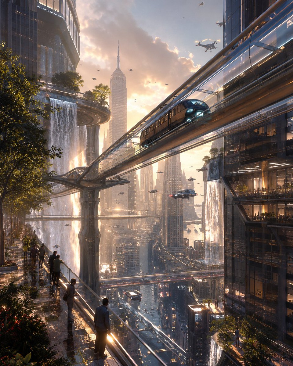 天空铁路 2099 一座令人叹为观止的未来纽约城，磁悬浮列车在摩天大楼之间数千英尺高空的透明玻璃轨道中穿行。巨大的瀑布从屋顶花园倾泻而下，自动驾驶飞行器在建筑之间穿梭。行人在被全息树木环绕的高...
