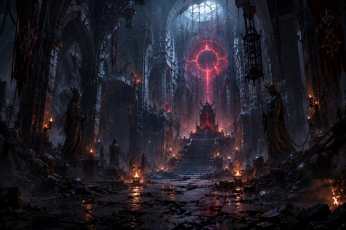 “创建一个电影感黑暗奇幻Boss角色设定图，包含正面/侧面/背面视图，保持一致的15英尺高身披盔甲的魔王，全身覆盖黑色符文的盔甲，角状王冠，破碎的紫色披风，发光的红色符文，幽灵般的绿色骷髅头，...