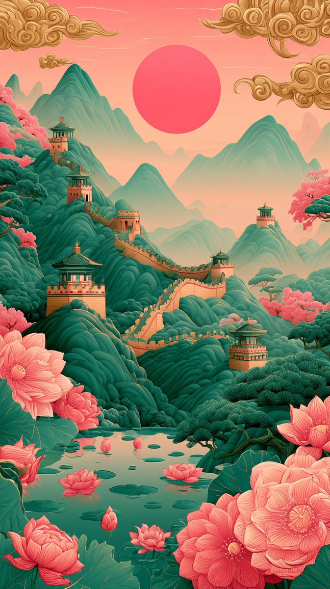 中国长城的插画，金色调蜿蜒穿过翠绿的山峦，配以传统宝塔式烽火台。前景：宁静的荷花池，盛开着粉色莲花和睡莲叶，以及大型装饰性的粉红色和珊瑚色花朵。背景：层峦叠嶂的朦胧山峦，桃色与珊瑚色渐变天空中...