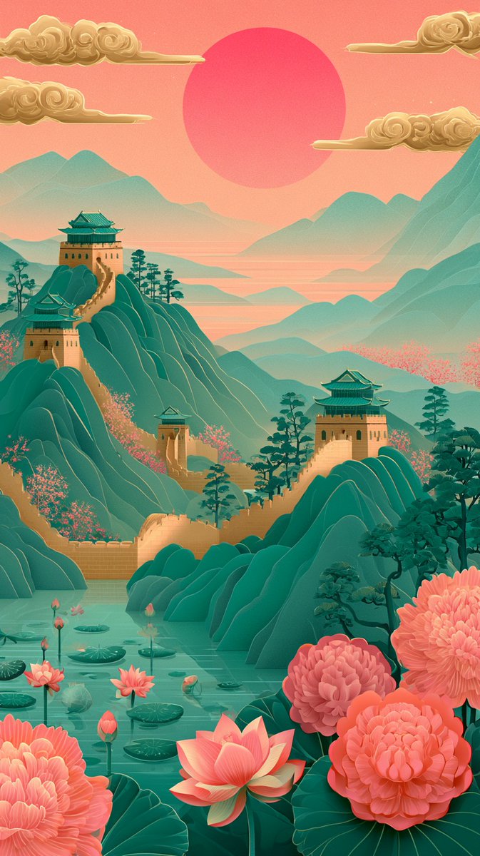 中国长城的插画，金色调蜿蜒穿过翠绿的山峦，配以传统宝塔式烽火台。前景：宁静的荷花池，盛开着粉色莲花和睡莲叶，以及大型装饰性的粉红色和珊瑚色花朵。背景：层峦叠嶂的朦胧山峦，桃色与珊瑚色渐变天空中...