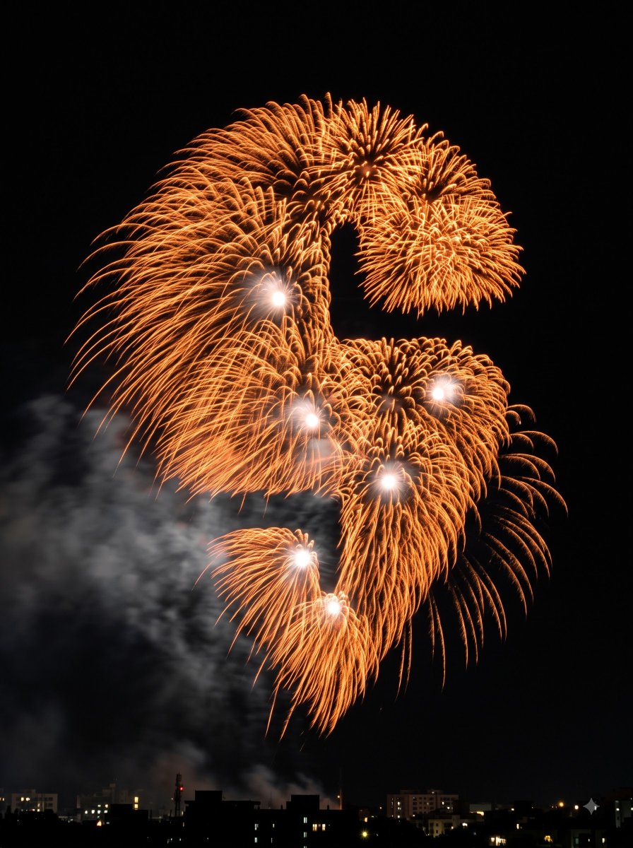 一朵大型烟花爆开，其外部轮廓与内部色彩分区共同精确勾勒出品牌 logo 的形状, 极近景 / 主导式——爆开占画面高度的约 85-90%，从接近顶部边缘一直延伸到紧贴底部天际线带之上；仅在最左...