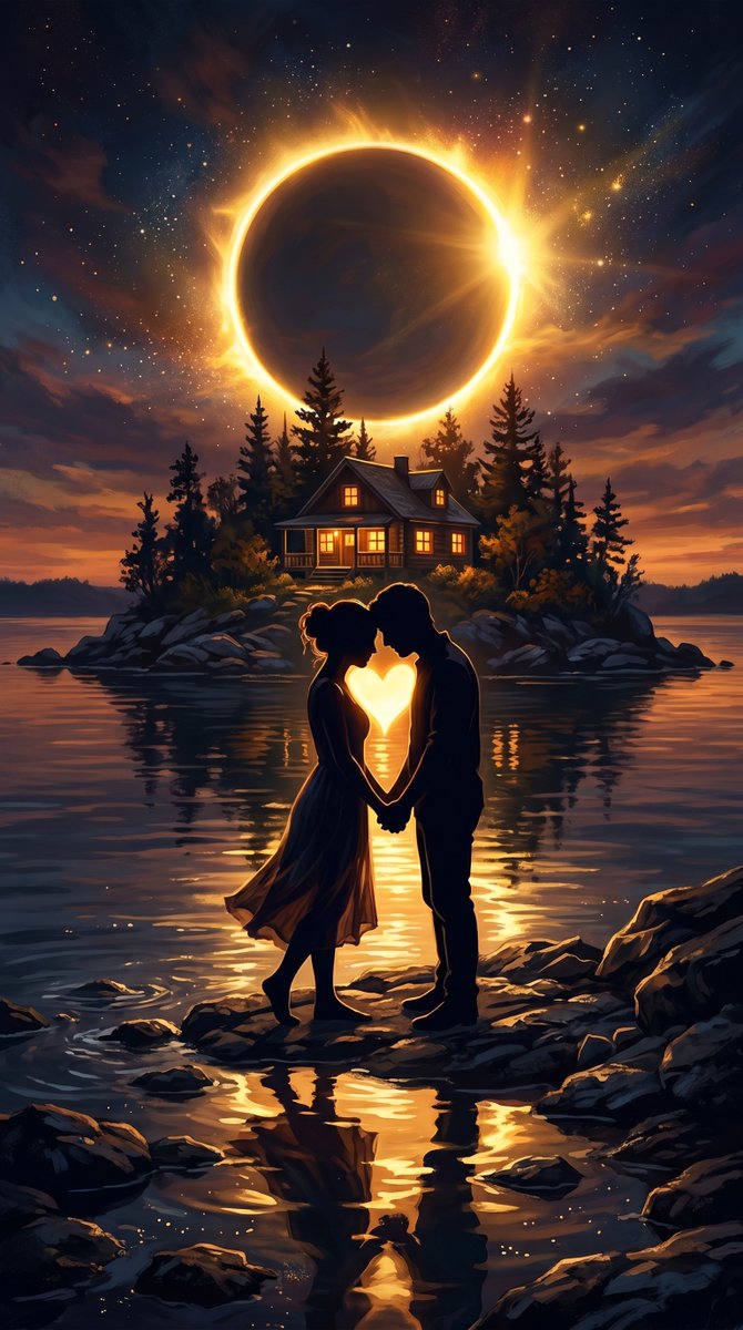 一幅浪漫的数字艺术场景，画面中一对剪影情侣在黄昏时分的岩石海岸上亲密相依站立，他们的身体之间形成一个心形空间，散发着明亮温暖的光芒。背景中，一座窗户透着温馨灯光的小巧舒适小屋坐落在一座岩石小岛...