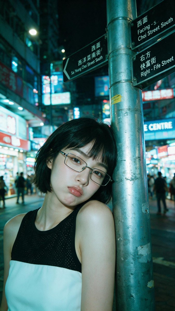 [Seedream 5.0 Pro Prompt] | ar 9:16 2K 电影感夜景特写人像：一位年轻东亚女性，短黑波波头配齐刘海，戴细长方形金属框眼镜。她的左肩和脸侧倚靠在一根风化的银色...