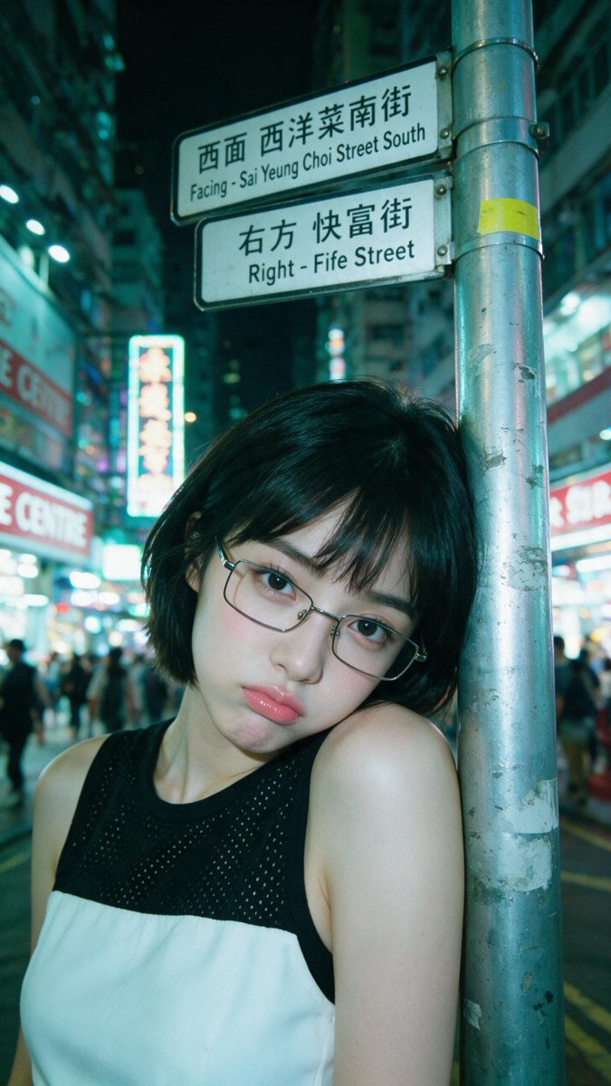 [Seedream 5.0 Pro Prompt] | ar 9:16 2K 电影感夜景特写人像：一位年轻东亚女性，短黑波波头配齐刘海，戴细长方形金属框眼镜。她的左肩和脸侧倚靠在一根风化的银色...