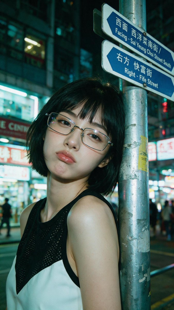 [Seedream 5.0 Pro Prompt] | ar 9:16 2K 电影感夜景特写人像：一位年轻东亚女性，短黑波波头配齐刘海，戴细长方形金属框眼镜。她的左肩和脸侧倚靠在一根风化的银色...