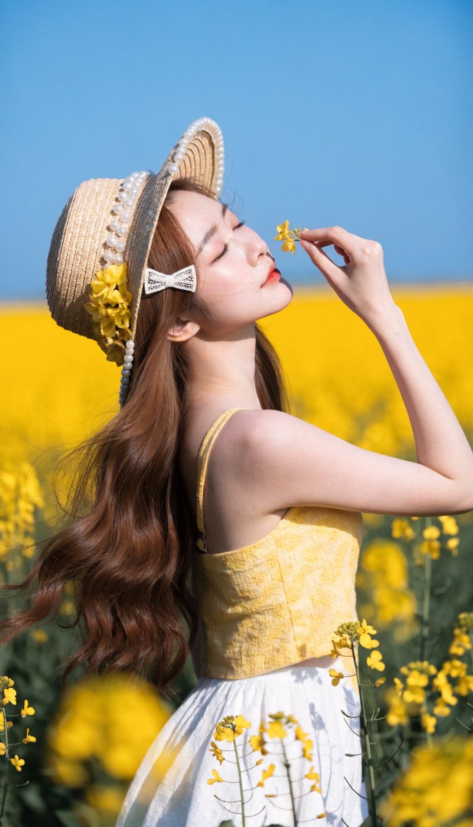[Recraft V4.1 提示词] ar 9:16 Pro 一位宁静的年轻东亚女性，拥有白皙瓷质肌肤、柔和的玫瑰色脸颊和精致的红唇，站在一片广阔的鲜艳黄色油菜花田中，头顶是晴朗明亮的蓝天。她...