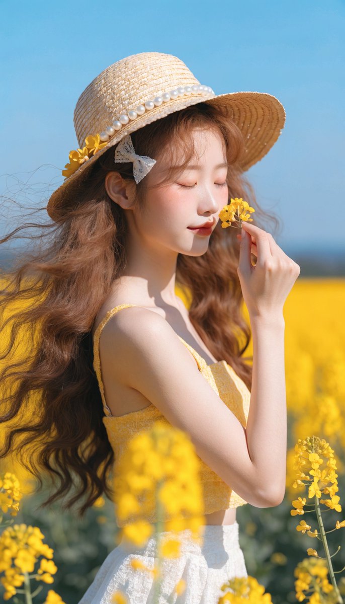 [Recraft V4.1 提示词] ar 9:16 Pro 一位宁静的年轻东亚女性，拥有白皙瓷质肌肤、柔和的玫瑰色脸颊和精致的红唇，站在一片广阔的鲜艳黄色油菜花田中，头顶是晴朗明亮的蓝天。她...
