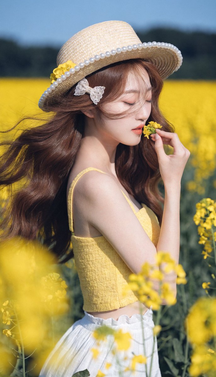 [Recraft V4.1 提示词] ar 9:16 Pro 一位宁静的年轻东亚女性，拥有白皙瓷质肌肤、柔和的玫瑰色脸颊和精致的红唇，站在一片广阔的鲜艳黄色油菜花田中，头顶是晴朗明亮的蓝天。她...