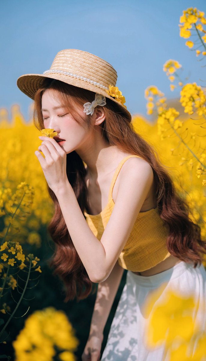 [Recraft V4.1 提示词] ar 9:16 Pro 一位宁静的年轻东亚女性，拥有白皙瓷质肌肤、柔和的玫瑰色脸颊和精致的红唇，站在一片广阔的鲜艳黄色油菜花田中，头顶是晴朗明亮的蓝天。她...