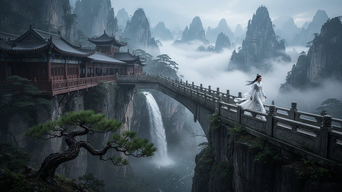 电影级 16:9 奇幻风景，雾气弥漫的蓝灰色仙山秘境，云海如梦似幻，一座古老的木质走廊桥嵌入崖壁，横跨峡谷，瀑布从桥下飞泻而下，一位身着飘逸白袍的孤影沿石栏踱步而行，前景有一截虬曲的松树枝条，...