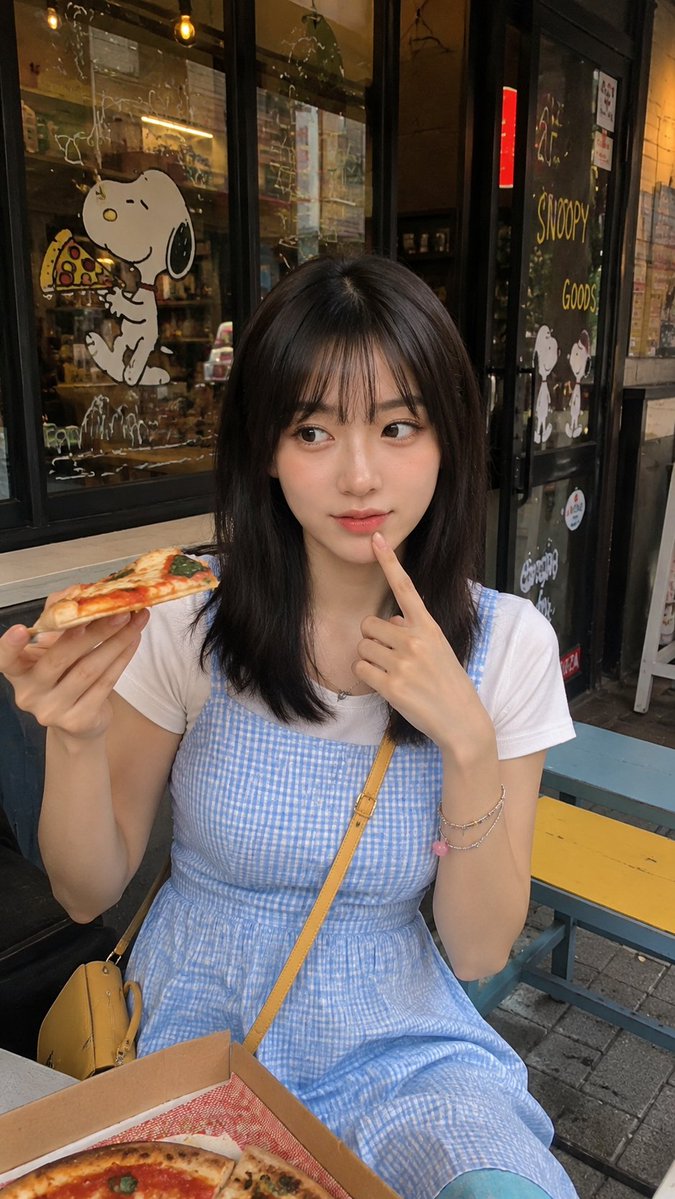 一张抓拍的竖版生活方式照片：一位年轻女子坐在一家温馨的咖啡馆或休闲餐厅里，身穿一条可爱的浅蓝色格纹背带连衣裙，内搭一件素净的白色短袖上衣。她留着齐肩的深色直发，带着柔和的刘海，表情俏皮而若有所...