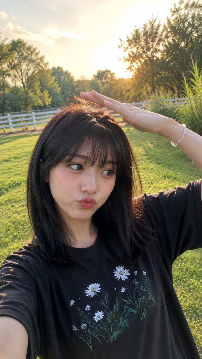 在宁静翠绿的公园中，一位年轻的东亚女性享受着晴朗午后的写实风格抓拍户外照。她留着顺滑的齐肩深棕色头发，齐整的直刘海自然地修饰着脸型，肌肤柔和白皙，淡淡的红晕点缀在脸颊上，拥有一双大而灵动的眼睛...