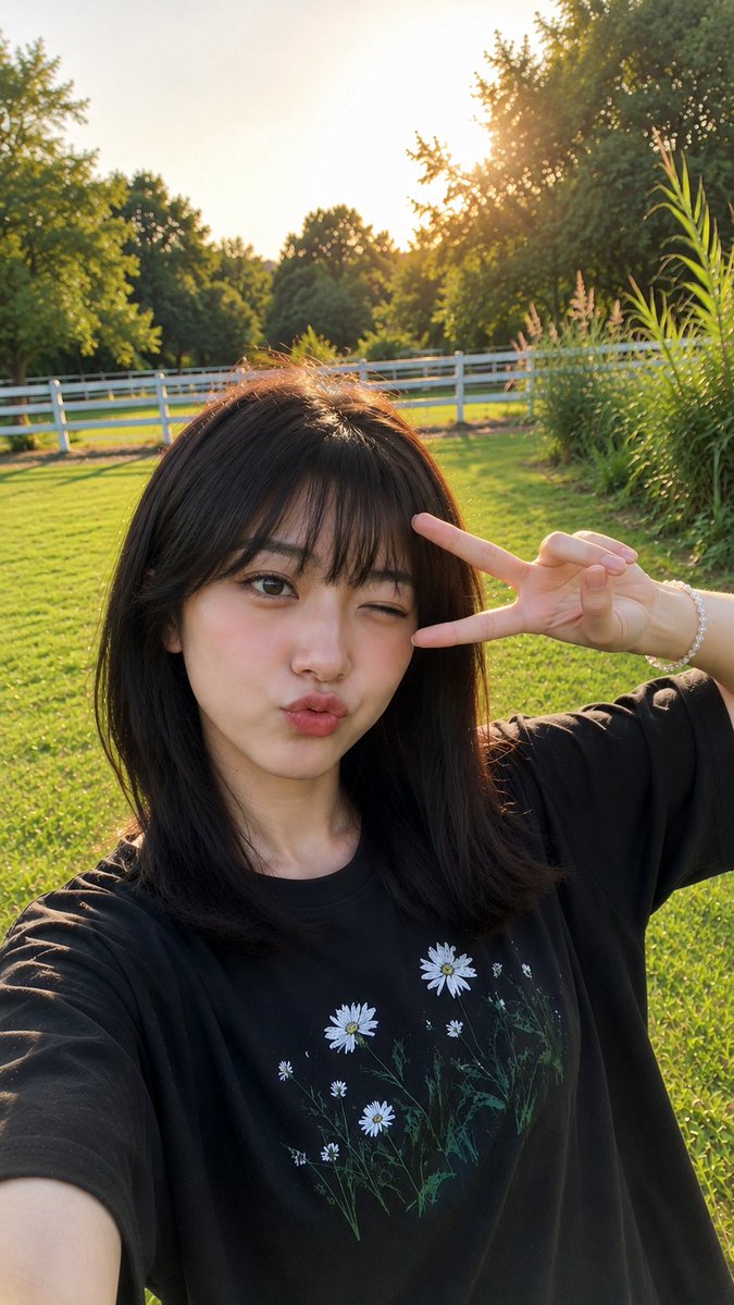 在宁静翠绿的公园中，一位年轻的东亚女性享受着晴朗午后的写实风格抓拍户外照。她留着顺滑的齐肩深棕色头发，齐整的直刘海自然地修饰着脸型，肌肤柔和白皙，淡淡的红晕点缀在脸颊上，拥有一双大而灵动的眼睛...
