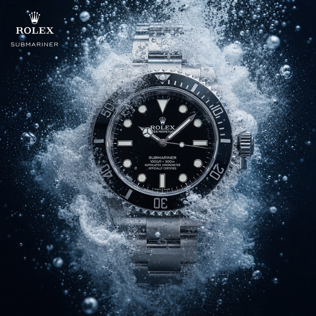 生成一张方形格式的活动宣传图片，通过重新构想一款受[Rolex]启发的一款特定产品，将其中一种传统材质、功能或设计原则完全替换为大胆而出乎意料的替代方案。让这一改变重新定义产品的本质，同时仍契...