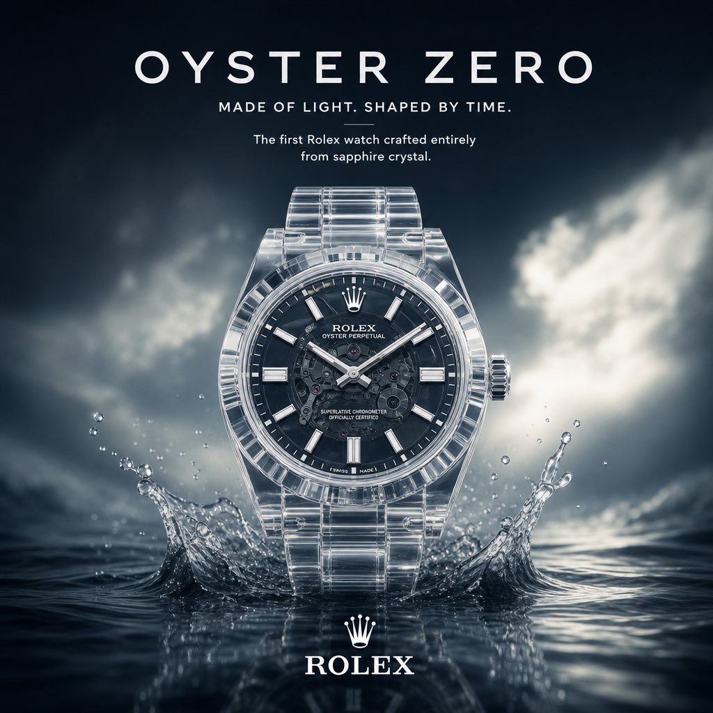 生成一张方形格式的活动宣传图片，通过重新构想一款受[Rolex]启发的一款特定产品，将其中一种传统材质、功能或设计原则完全替换为大胆而出乎意料的替代方案。让这一改变重新定义产品的本质，同时仍契...