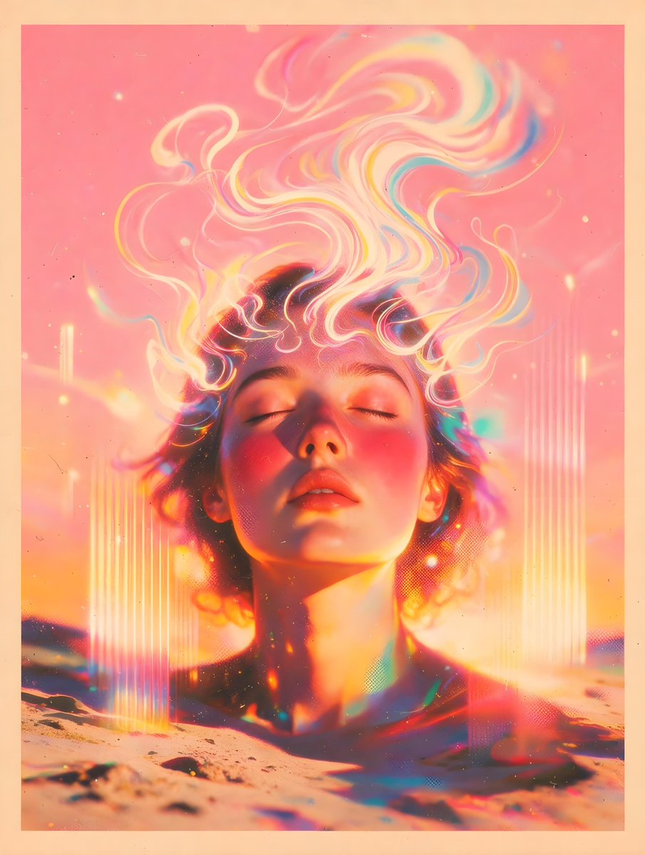 一幅肖像画描绘了一位闭着眼睛、面颊红润的女子。在她的头顶上方，色彩斑斓的波浪线条以粉色、黄色、蓝色和白色的色调向上散发，犹如烟雾或抽象的思绪。背景是柔和的粉色，外框是较浅的米色。
