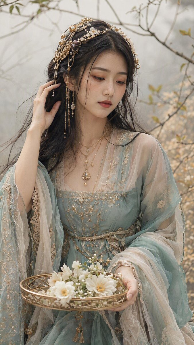 美丽女子置身于薄雾弥漫的极简自然场景中，伴有纤细的带叶枝条，整体色调为柔和米色与淡金配色。皮肤如真实瓷器般细腻，可见毛孔与细微瑕疵，暖桃色腮红，桃棕色眼影，自然玫瑰粉唇色。神情宁静温柔，目光柔...