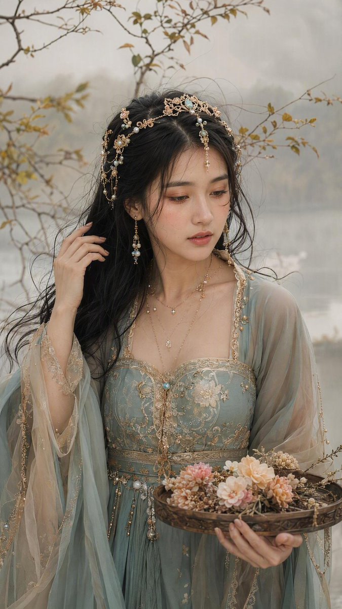 美丽女子置身于薄雾弥漫的极简自然场景中，伴有纤细的带叶枝条，整体色调为柔和米色与淡金配色。皮肤如真实瓷器般细腻，可见毛孔与细微瑕疵，暖桃色腮红，桃棕色眼影，自然玫瑰粉唇色。神情宁静温柔，目光柔...