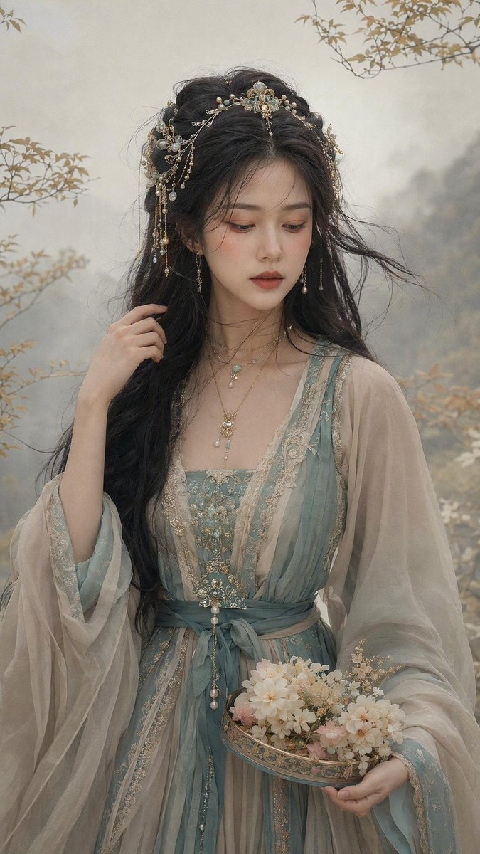 美丽女子置身于薄雾弥漫的极简自然场景中，伴有纤细的带叶枝条，整体色调为柔和米色与淡金配色。皮肤如真实瓷器般细腻，可见毛孔与细微瑕疵，暖桃色腮红，桃棕色眼影，自然玫瑰粉唇色。神情宁静温柔，目光柔...