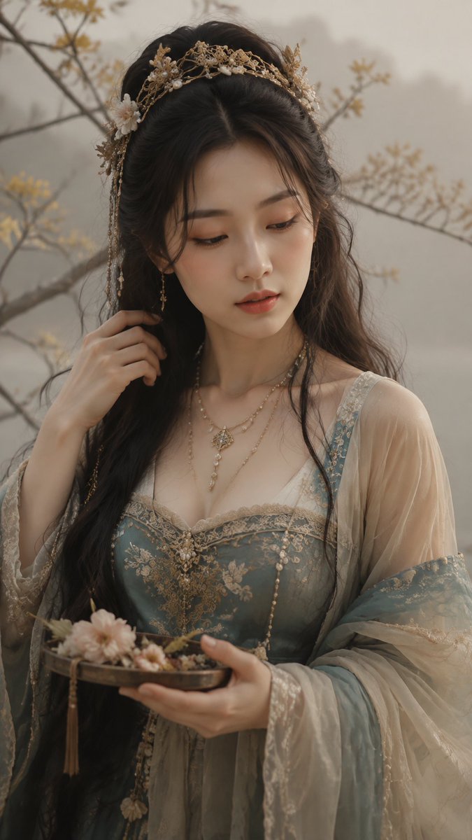 美丽女子置身于薄雾弥漫的极简自然场景中，伴有纤细的带叶枝条，整体色调为柔和米色与淡金配色。皮肤如真实瓷器般细腻，可见毛孔与细微瑕疵，暖桃色腮红，桃棕色眼影，自然玫瑰粉唇色。神情宁静温柔，目光柔...