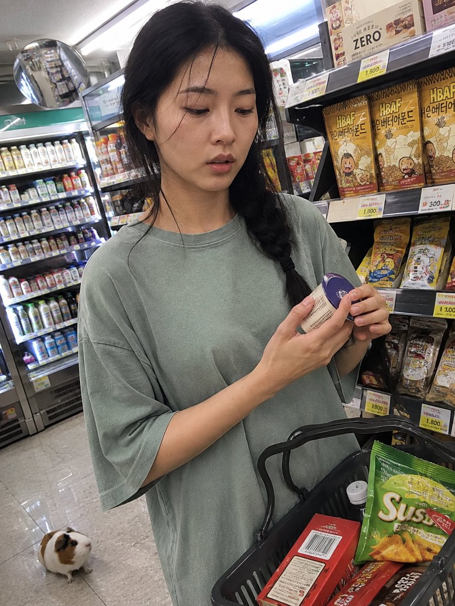 用iPhone前置摄像头意外抓拍的快照，拍摄于一家小型社区便利店内部。一位年轻的韩国女性站在收银台前排队，一边随意地用手抹去额头上的一丝汗珠，一边挎着购物篮。她目光望向一侧，表情略显不耐烦与心...